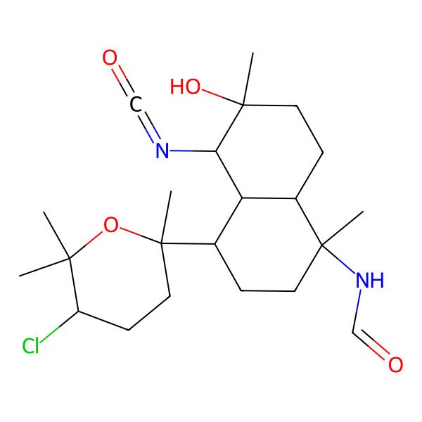 2D Structure of N-[4-(5-chloro-2,6,6-trimethyloxan-2-yl)-6-hydroxy-5-isocyanato-1,6-dimethyl-2,3,4,4a,5,7,8,8a-octahydronaphthalen-1-yl]formamide