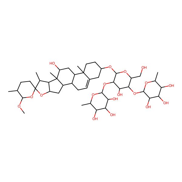2D Structure of 2-[4-Hydroxy-6-(10-hydroxy-6'-methoxy-5',7,9,13-tetramethylspiro[5-oxapentacyclo[10.8.0.02,9.04,8.013,18]icos-18-ene-6,2'-oxane]-16-yl)oxy-2-(hydroxymethyl)-5-(3,4,5-trihydroxy-6-methyloxan-2-yl)oxyoxan-3-yl]oxy-6-methyloxane-3,4,5-triol