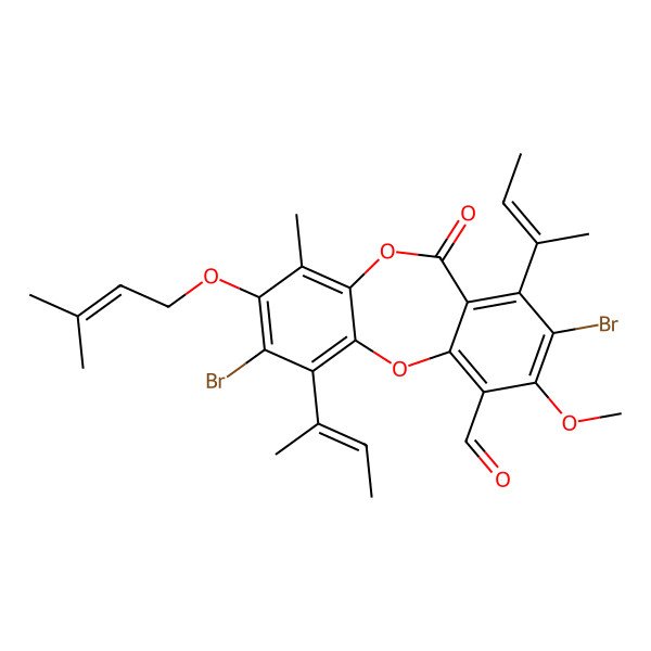 2D Structure of 2,8-dibromo-7-[(Z)-but-2-en-2-yl]-1-[(E)-but-2-en-2-yl]-9-methoxy-4-methyl-3-(3-methylbut-2-enoxy)-6-oxobenzo[b][1,4]benzodioxepine-10-carbaldehyde