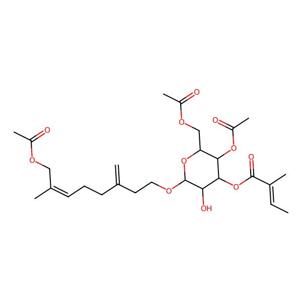 2D Structure of [3-Acetyloxy-2-(acetyloxymethyl)-6-(8-acetyloxy-7-methyl-3-methylideneoct-6-enoxy)-5-hydroxyoxan-4-yl] 2-methylbut-2-enoate
