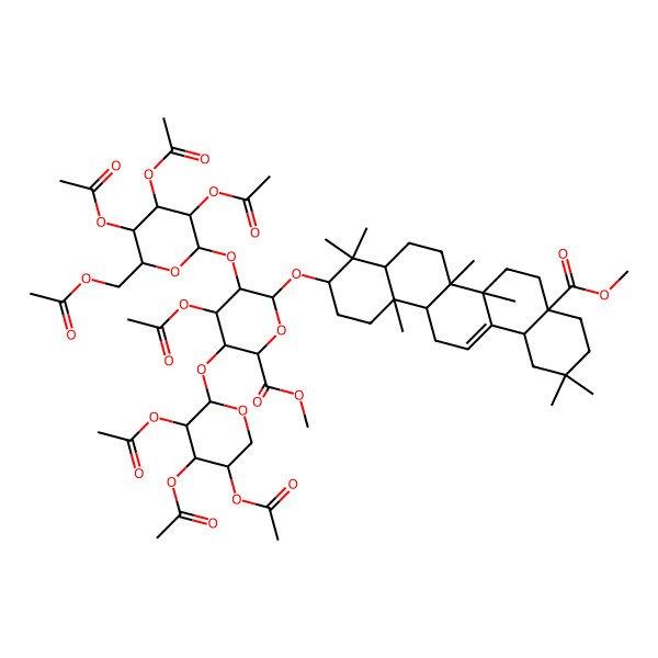 2D Structure of Methyl 4-acetyloxy-6-[(8a-methoxycarbonyl-4,4,6a,6b,11,11,14b-heptamethyl-1,2,3,4a,5,6,7,8,9,10,12,12a,14,14a-tetradecahydropicen-3-yl)oxy]-5-[3,4,5-triacetyloxy-6-(acetyloxymethyl)oxan-2-yl]oxy-3-(3,4,5-triacetyloxyoxan-2-yl)oxyoxane-2-carboxylate