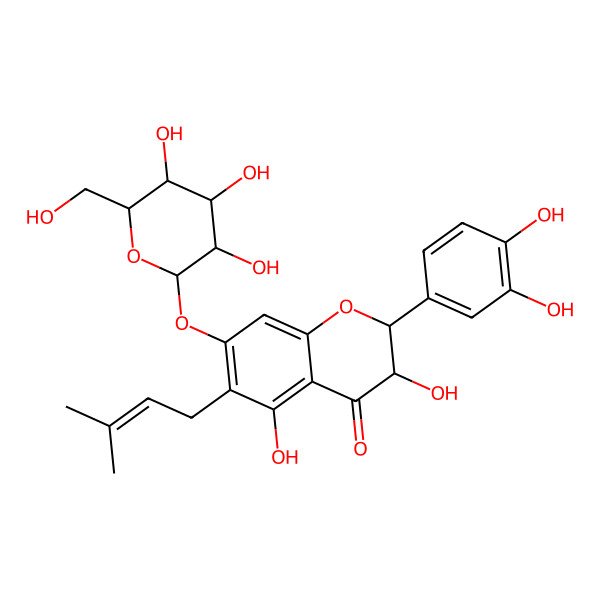 2D Structure of (2S,3R)-2-(3,4-dihydroxyphenyl)-3,5-dihydroxy-6-(3-methylbut-2-enyl)-7-[(2S,3R,4S,5S,6S)-3,4,5-trihydroxy-6-(hydroxymethyl)oxan-2-yl]oxy-2,3-dihydrochromen-4-one