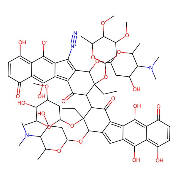 2D Structure of (1R,2S,3R)-11-diazonio-2-[(2R,4R,5R,6R)-4,5-dimethoxy-6-methyloxan-2-yl]oxy-1-[(2R,4S,5R,6S)-5-(dimethylamino)-4-hydroxy-6-methyloxan-2-yl]oxy-3-[(1R,2S,3R)-1-[(2R,4S,5R,6S)-5-(dimethylamino)-4-hydroxy-6-methyloxan-2-yl]oxy-2-ethyl-5,9,10-trihydroxy-2-[(2R,4R,5R,6R)-5-hydroxy-4-methoxy-6-methyloxan-2-yl]oxy-4,6-dioxo-1,3-dihydrobenzo[b]fluoren-3-yl]-2-ethyl-5,9-dihydroxy-4,6-dioxo-1,3-dihydrobenzo[b]fluoren-10-olate