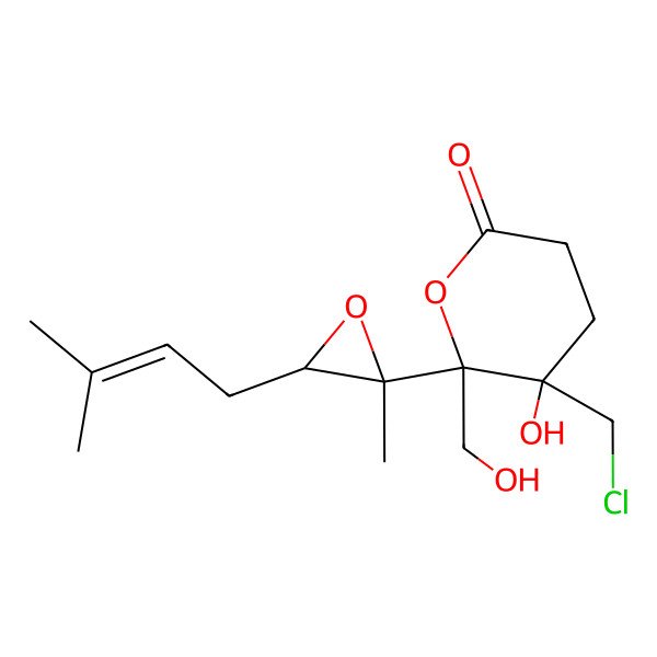 2D Structure of (5R,6R)-5-(chloromethyl)-5-hydroxy-6-(hydroxymethyl)-6-[(2S,3R)-2-methyl-3-(3-methylbut-2-enyl)oxiran-2-yl]oxan-2-one