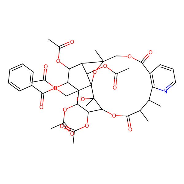 2D Structure of (18,19,21,22,24-Pentaacetyloxy-25-hydroxy-3,13,14,25-tetramethyl-6,15-dioxo-2,5,16-trioxa-11-azapentacyclo[15.7.1.01,20.03,23.07,12]pentacosa-7(12),8,10-trien-20-yl)methyl benzoate