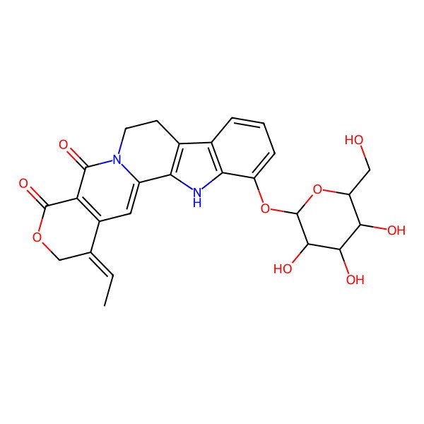 2D Structure of (19E)-19-ethylidene-5-[(2S,3R,4S,5S,6R)-3,4,5-trihydroxy-6-(hydroxymethyl)oxan-2-yl]oxy-17-oxa-3,13-diazapentacyclo[11.8.0.02,10.04,9.015,20]henicosa-1(21),2(10),4(9),5,7,15(20)-hexaene-14,16-dione
