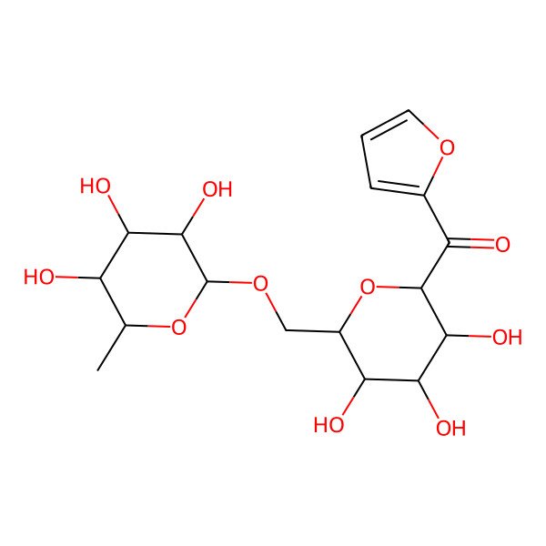 2D Structure of furan-2-yl-[(2R,3R,4S,5S,6R)-3,4,5-trihydroxy-6-[[(2R,3R,4R,5R,6S)-3,4,5-trihydroxy-6-methyloxan-2-yl]oxymethyl]oxan-2-yl]methanone