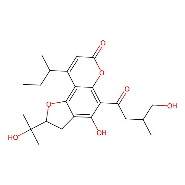 2D Structure of (2S)-9-[(2R)-butan-2-yl]-4-hydroxy-5-[(3S)-4-hydroxy-3-methylbutanoyl]-2-(2-hydroxypropan-2-yl)-2,3-dihydrofuro[2,3-f]chromen-7-one