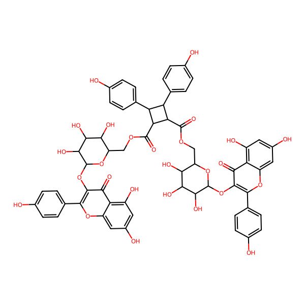 2D Structure of bis[[(2R,3S,4S,5R,6S)-6-[5,7-dihydroxy-2-(4-hydroxyphenyl)-4-oxochromen-3-yl]oxy-3,4,5-trihydroxyoxan-2-yl]methyl] (1S,2S,3S,4S)-3,4-bis(4-hydroxyphenyl)cyclobutane-1,2-dicarboxylate