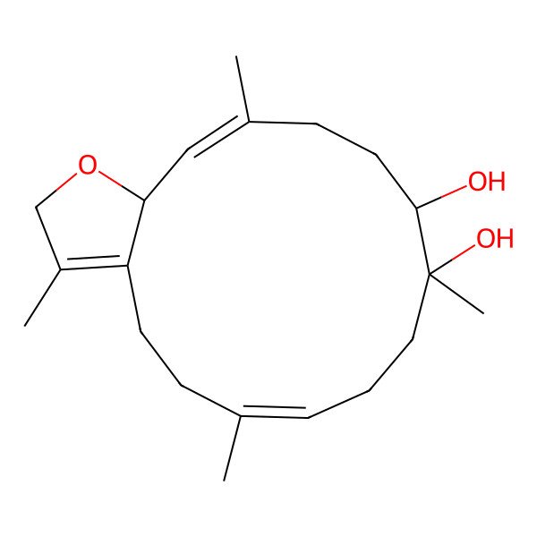 2D Structure of (6E,10R,11S,14E,15aS)-3,6,10,14-tetramethyl-4,5,8,9,11,12,13,15a-octahydro-2H-cyclotetradeca[b]furan-10,11-diol