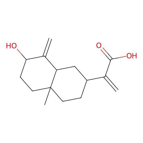 2D Structure of 2-[(2R,4aS,7R,8aR)-7-hydroxy-4a-methyl-8-methylidene-1,2,3,4,5,6,7,8a-octahydronaphthalen-2-yl]prop-2-enoic acid