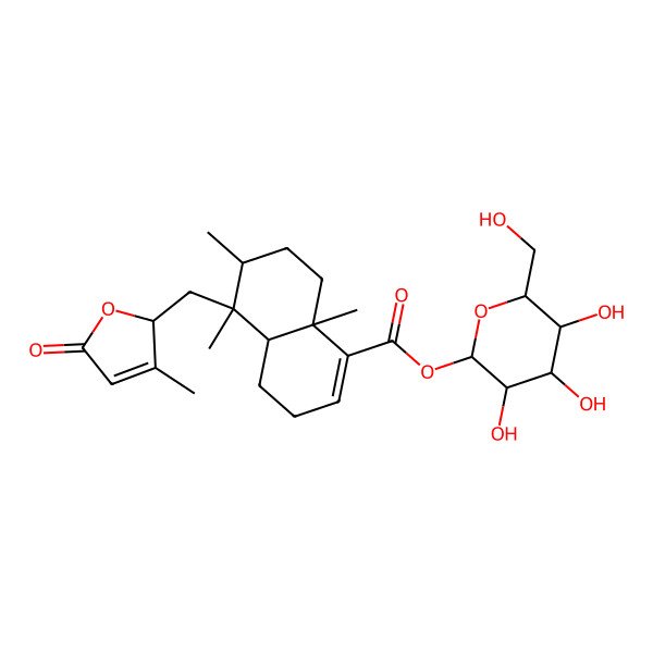2D Structure of [(2S,3R,4S,5S,6R)-3,4,5-trihydroxy-6-(hydroxymethyl)oxan-2-yl] (4aR,5S,6R,8aS)-5,6,8a-trimethyl-5-[[(2S)-3-methyl-5-oxo-2H-furan-2-yl]methyl]-3,4,4a,6,7,8-hexahydronaphthalene-1-carboxylate