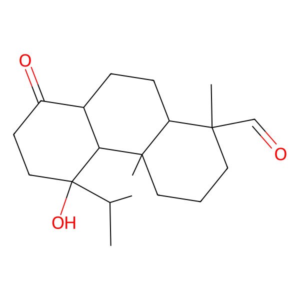 2D Structure of (1S,4aS,4bS,5R,8aR,10aR)-5-hydroxy-1,4a-dimethyl-8-oxo-5-propan-2-yl-2,3,4,4b,6,7,8a,9,10,10a-decahydrophenanthrene-1-carbaldehyde 2D Structure of (1S,4aS,4bS,5R,8aR,10aR)-5-hydroxy-1,4a-dimethyl-8-oxo-5-propan-2-yl-2,3,4,4b,6,7,8a,9,10,10a-decahydrophenanthrene-1-carbaldehyde