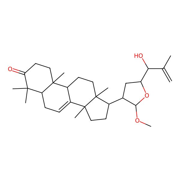 2D Structure of 17-[5-(1-Hydroxy-2-methylprop-2-enyl)-2-methoxyoxolan-3-yl]-4,4,10,13,14-pentamethyl-1,2,5,6,9,11,12,15,16,17-decahydrocyclopenta[a]phenanthren-3-one