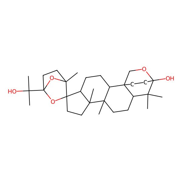 2D Structure of (1S,1'R,4'S,6R,9R,10R,15S)-1'-(2-hydroxypropan-2-yl)-4',9,10,14,14-pentamethylspiro[16-oxapentacyclo[13.2.2.01,13.02,10.05,9]nonadecane-6,3'-2,7-dioxabicyclo[2.2.1]heptane]-15-ol