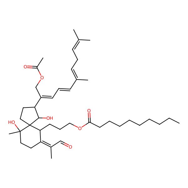 2D Structure of 3-[(3R,4R,5S,6R,7Z,10S)-3-[(2E,4E,6E)-1-acetyloxy-6,10-dimethylundeca-2,4,6,9-tetraen-2-yl]-4,10-dihydroxy-10-methyl-7-(1-oxopropan-2-ylidene)spiro[4.5]decan-6-yl]propyl decanoate