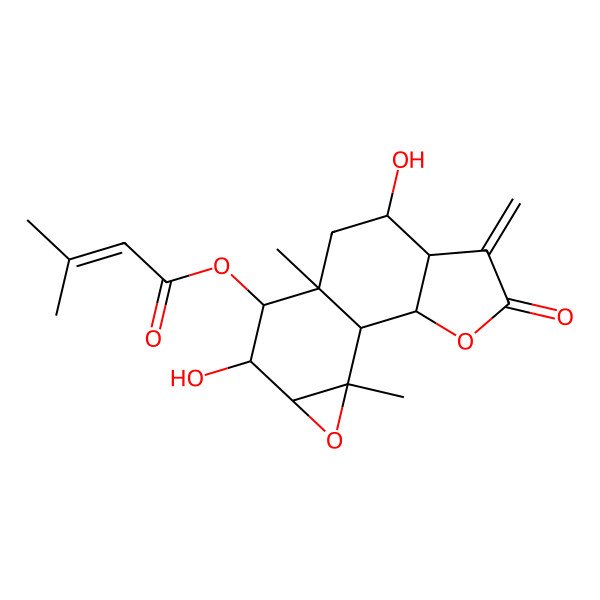 2D Structure of (7,11-Dihydroxy-9,14-dimethyl-5-methylidene-4-oxo-3,13-dioxatetracyclo[7.5.0.02,6.012,14]tetradecan-10-yl) 3-methylbut-2-enoate