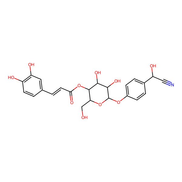 2D Structure of [(2R,3S,4R,5R,6S)-6-[4-[(S)-cyano(hydroxy)methyl]phenoxy]-4,5-dihydroxy-2-(hydroxymethyl)oxan-3-yl] (E)-3-(3,4-dihydroxyphenyl)prop-2-enoate