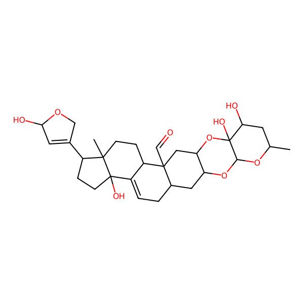 2D Structure of 9,10,22-Trihydroxy-19-(5-hydroxy-2,5-dihydrofuran-3-yl)-7,18-dimethyl-4,6,11-trioxahexacyclo[12.11.0.03,12.05,10.015,23.018,22]pentacos-23-ene-14-carbaldehyde