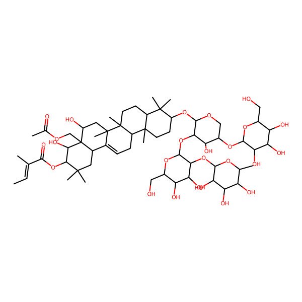 2D Structure of [4a-(Acetyloxymethyl)-10-[3-[4,5-dihydroxy-6-(hydroxymethyl)-3-(3,4,5-trihydroxy-6-methyloxan-2-yl)oxyoxan-2-yl]oxy-4-hydroxy-5-[3,4,5-trihydroxy-6-(hydroxymethyl)oxan-2-yl]oxyoxan-2-yl]oxy-4,5-dihydroxy-2,2,6a,6b,9,9,12a-heptamethyl-1,3,4,5,6,6a,7,8,8a,10,11,12,13,14b-tetradecahydropicen-3-yl] 2-methylbut-2-enoate
