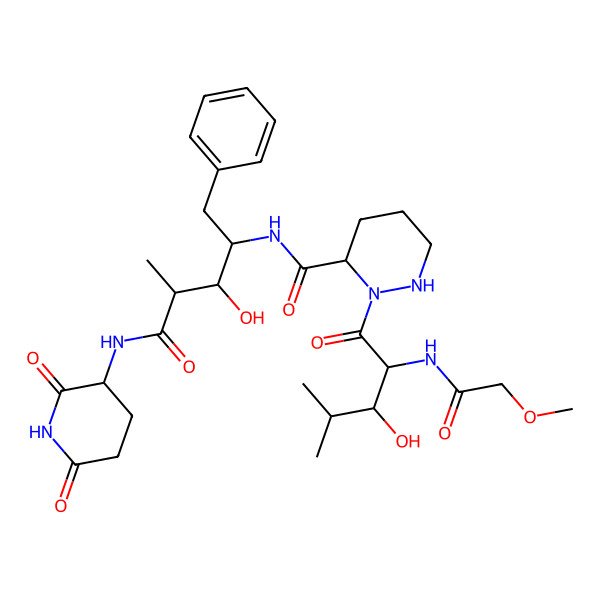 2D Structure of N-[5-[(2,6-dioxopiperidin-3-yl)amino]-3-hydroxy-4-methyl-5-oxo-1-phenylpentan-2-yl]-2-[3-hydroxy-2-[(2-methoxyacetyl)amino]-4-methylpentanoyl]diazinane-3-carboxamide