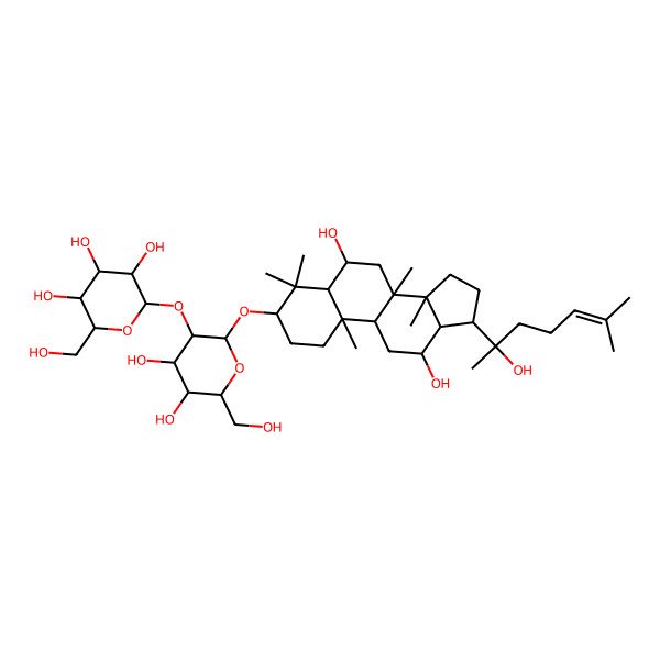 2D Structure of 2-[2-[[6,12-dihydroxy-17-(2-hydroxy-6-methylhept-5-en-2-yl)-4,4,8,10,14-pentamethyl-2,3,5,6,7,9,11,12,13,15,16,17-dodecahydro-1H-cyclopenta[a]phenanthren-3-yl]oxy]-4,5-dihydroxy-6-(hydroxymethyl)oxan-3-yl]oxy-6-(hydroxymethyl)oxane-3,4,5-triol