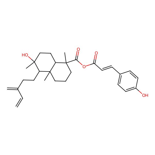 2D Structure of 3-(4-hydroxyphenyl)prop-2-enoyl 6-hydroxy-1,4a,6-trimethyl-5-(3-methylidenepent-4-enyl)-3,4,5,7,8,8a-hexahydro-2H-naphthalene-1-carboxylate