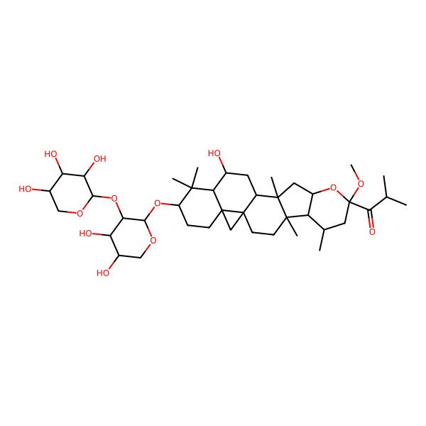 2D Structure of 1-[(1S,4R,5R,6R,8S,10S,12S,13S,15S,16R,18S,21R)-18-[(2S,3R,4S,5R)-4,5-dihydroxy-3-[(2S,3R,4S,5S)-3,4,5-trihydroxyoxan-2-yl]oxyoxan-2-yl]oxy-15-hydroxy-8-methoxy-4,6,12,17,17-pentamethyl-9-oxahexacyclo[11.9.0.01,21.04,12.05,10.016,21]docosan-8-yl]-2-methylpropan-1-one