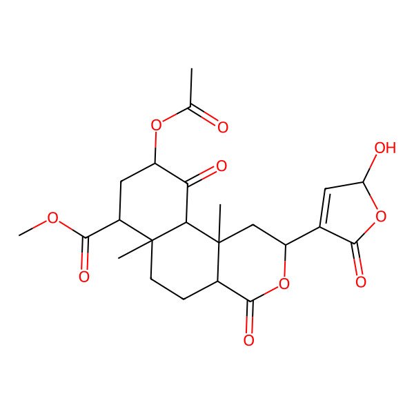 2D Structure of methyl 9-acetyloxy-2-(2-hydroxy-5-oxo-2H-furan-4-yl)-6a,10b-dimethyl-4,10-dioxo-2,4a,5,6,7,8,9,10a-octahydro-1H-benzo[f]isochromene-7-carboxylate
