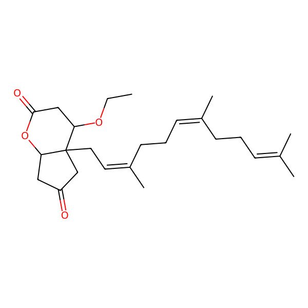 2D Structure of (4R,4aR,7aR)-4-ethoxy-4a-[(2E,6E)-3,7,11-trimethyldodeca-2,6,10-trienyl]-4,5,7,7a-tetrahydro-3H-cyclopenta[b]pyran-2,6-dione