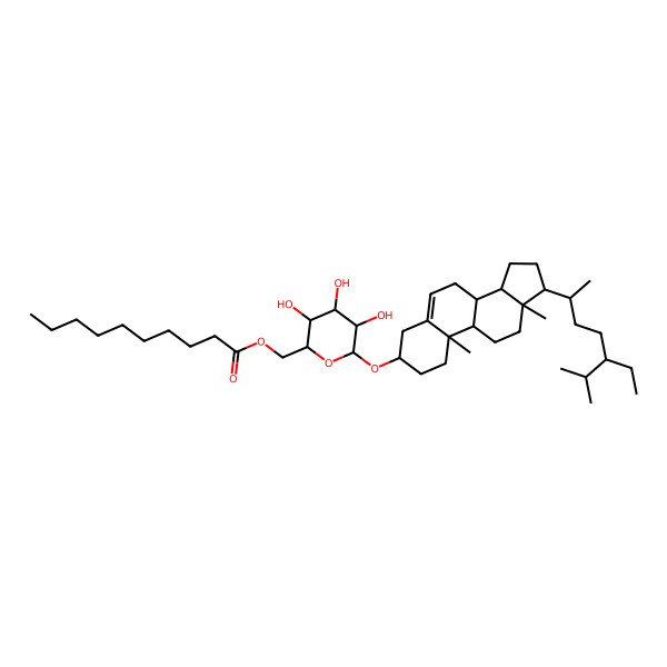 2D Structure of [(2R,3R,4R,5S,6R)-6-[[(3S,8S,9S,10R,13R,14S,17R)-17-[(2R,5R)-5-ethyl-6-methylheptan-2-yl]-10,13-dimethyl-2,3,4,7,8,9,11,12,14,15,16,17-dodecahydro-1H-cyclopenta[a]phenanthren-3-yl]oxy]-3,4,5-trihydroxyoxan-2-yl]methyl decanoate