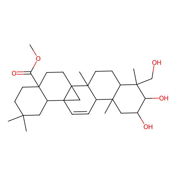 2D Structure of Methyl 7,8-dihydroxy-6-(hydroxymethyl)-2,6,10,17,17-pentamethylhexacyclo[12.8.1.01,14.02,11.05,10.015,20]tricos-12-ene-20-carboxylate