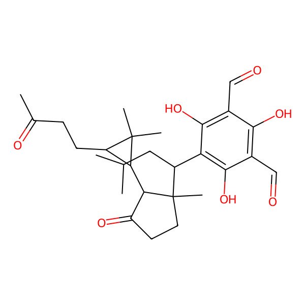 2D Structure of 5-[(1S)-1-[(1R,2S)-2-[(1S,3S)-2,2-dimethyl-3-(3-oxobutyl)cyclopropyl]-1-methyl-3-oxocyclopentyl]-3-methylbutyl]-2,4,6-trihydroxybenzene-1,3-dicarbaldehyde