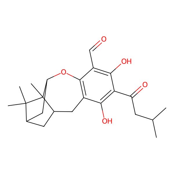 2D Structure of 7,9-Dihydroxy-13,14,14-trimethyl-8-(3-methylbutanoyl)-4-oxatetracyclo[10.2.1.03,13.05,10]pentadeca-5,7,9-triene-6-carbaldehyde
