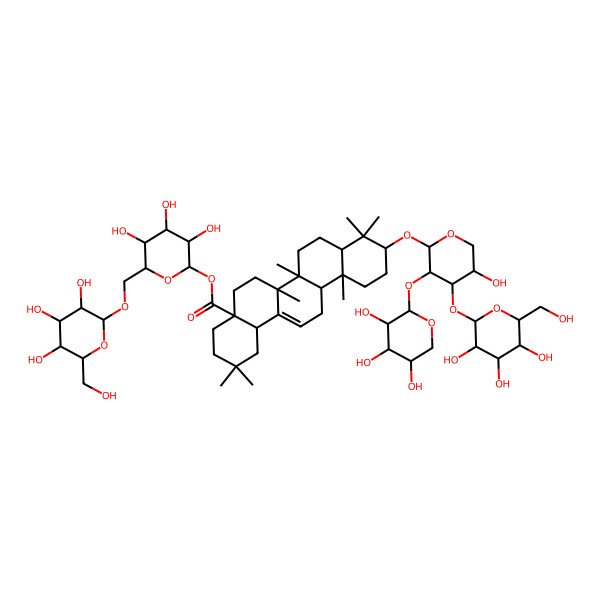 2D Structure of [3,4,5-Trihydroxy-6-[[3,4,5-trihydroxy-6-(hydroxymethyl)oxan-2-yl]oxymethyl]oxan-2-yl] 10-[5-hydroxy-4-[3,4,5-trihydroxy-6-(hydroxymethyl)oxan-2-yl]oxy-3-(3,4,5-trihydroxyoxan-2-yl)oxyoxan-2-yl]oxy-2,2,6a,6b,9,9,12a-heptamethyl-1,3,4,5,6,6a,7,8,8a,10,11,12,13,14b-tetradecahydropicene-4a-carboxylate