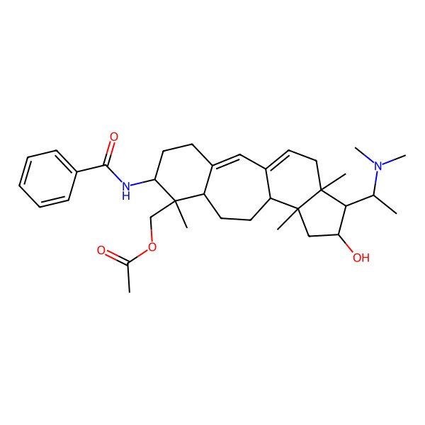2D Structure of [6-Benzamido-15-[1-(dimethylamino)ethyl]-14-hydroxy-7,12,16-trimethyl-7-tetracyclo[9.7.0.03,8.012,16]octadeca-1(18),2-dienyl]methyl acetate