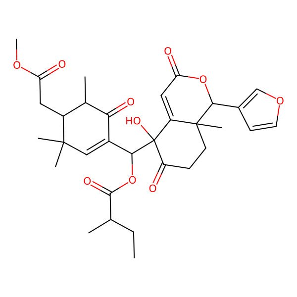 2D Structure of [(R)-[(1R,5R,8aR)-1-(furan-3-yl)-5-hydroxy-8a-methyl-3,6-dioxo-7,8-dihydro-1H-isochromen-5-yl]-[(4R,5R)-4-(2-methoxy-2-oxoethyl)-3,3,5-trimethyl-6-oxocyclohexen-1-yl]methyl] (2S)-2-methylbutanoate