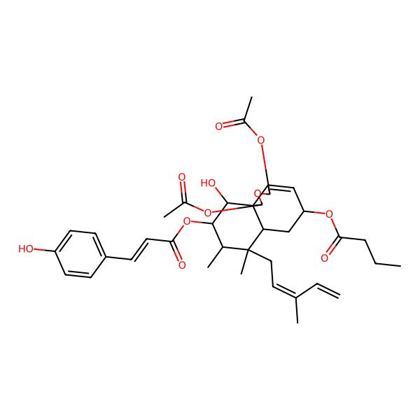 2D Structure of [1,3-Diacetyloxy-10-hydroxy-9-[3-(4-hydroxyphenyl)prop-2-enoyloxy]-7,8-dimethyl-7-(3-methylpenta-2,4-dienyl)-1,3,5,6,6a,8,9,10-octahydrobenzo[d][2]benzofuran-5-yl] butanoate