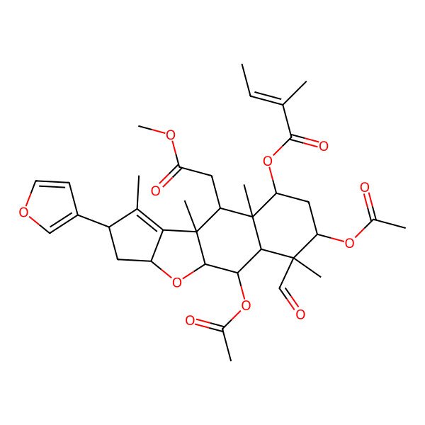 2D Structure of [(1S,2R,3R,4S,5R,7S,8R,9R,10R,13R,15R)-2,5-diacetyloxy-4-formyl-13-(furan-3-yl)-9-(2-methoxy-2-oxoethyl)-4,8,10,12-tetramethyl-16-oxatetracyclo[8.6.0.03,8.011,15]hexadec-11-en-7-yl] (E)-2-methylbut-2-enoate