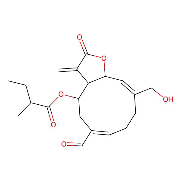 2D Structure of [(3aR,4R,6E,10E,11aR)-6-formyl-10-(hydroxymethyl)-3-methylidene-2-oxo-3a,4,5,8,9,11a-hexahydrocyclodeca[b]furan-4-yl] (2R)-2-methylbutanoate