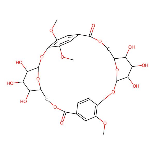 2D Structure of 4,5,6,17,18,19-Hexahydroxy-13,26,27-trimethoxy-2,9,15,22,29,32-hexaoxapentacyclo[22.2.2.211,14.13,7.116,20]dotriaconta-1(26),11,13,24,27,30-hexaene-10,23-dione