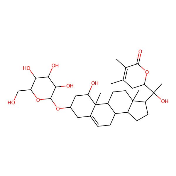 2D Structure of (2R)-2-[(1R)-1-hydroxy-1-[(1S,3R,8S,9S,10R,13S,14S,17S)-1-hydroxy-10,13-dimethyl-3-[(2R,3R,4S,5S,6R)-3,4,5-trihydroxy-6-(hydroxymethyl)oxan-2-yl]oxy-2,3,4,7,8,9,11,12,14,15,16,17-dodecahydro-1H-cyclopenta[a]phenanthren-17-yl]ethyl]-4,5-dimethyl-2,3-dihydropyran-6-one