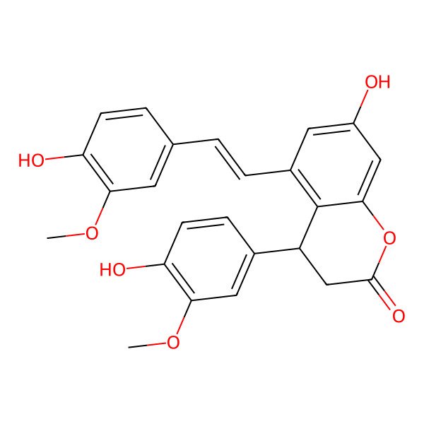 2D Structure of (4R)-7-hydroxy-4-(4-hydroxy-3-methoxyphenyl)-5-[(E)-2-(4-hydroxy-3-methoxyphenyl)ethenyl]-3,4-dihydrochromen-2-one