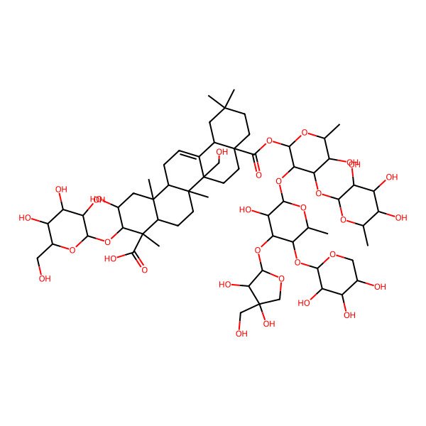 2D Structure of (2S,3R,4S,4aR,6aR,6bR,8aS,12aS,14aR,14bR)-8a-[(2S,3R,4S,5S,6R)-3-[(2S,3R,4S,5S,6S)-4-[(2R,3R,4R)-3,4-dihydroxy-4-(hydroxymethyl)oxolan-2-yl]oxy-3-hydroxy-6-methyl-5-[(2S,3R,4S,5R)-3,4,5-trihydroxyoxan-2-yl]oxyoxan-2-yl]oxy-5-hydroxy-6-methyl-4-[(2S,3R,4R,5R,6S)-3,4,5-trihydroxy-6-methyloxan-2-yl]oxyoxan-2-yl]oxycarbonyl-2-hydroxy-6b-(hydroxymethyl)-4,6a,11,11,14b-pentamethyl-3-[(2R,3R,4S,5S,6R)-3,4,5-trihydroxy-6-(hydroxymethyl)oxan-2-yl]oxy-1,2,3,4a,5,6,7,8,9,10,12,12a,14,14a-tetradecahydropicene-4-carboxylic acid