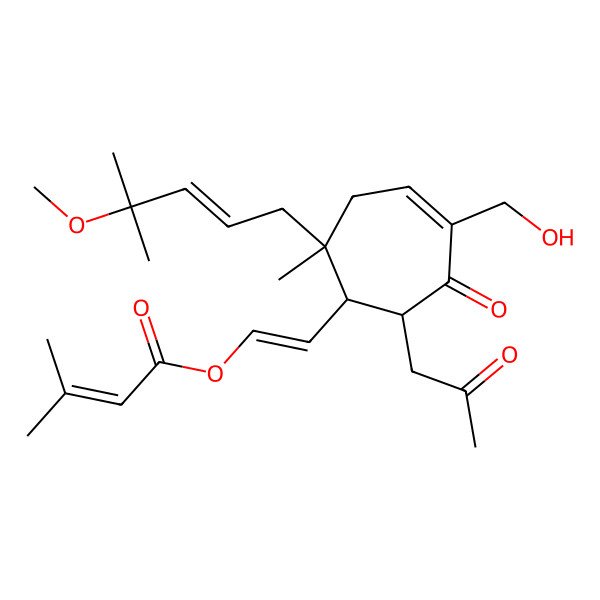2D Structure of [(E)-2-[(1R,2R,7S)-5-(hydroxymethyl)-2-[(E)-4-methoxy-4-methylpent-2-enyl]-2-methyl-6-oxo-7-(2-oxopropyl)cyclohept-4-en-1-yl]ethenyl] 3-methylbut-2-enoate