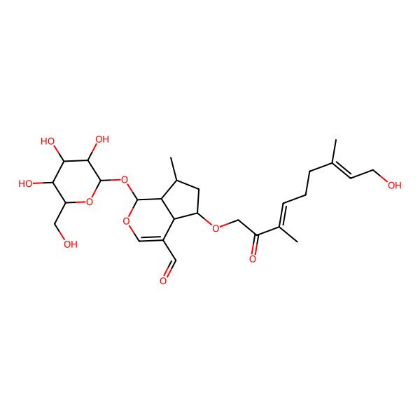 2D Structure of (1S,4aS,5R,7R,7aR)-5-[(3E,7E)-9-hydroxy-3,7-dimethyl-2-oxonona-3,7-dienoxy]-7-methyl-1-[(2S,3R,4S,5S,6R)-3,4,5-trihydroxy-6-(hydroxymethyl)oxan-2-yl]oxy-1,4a,5,6,7,7a-hexahydrocyclopenta[c]pyran-4-carbaldehyde