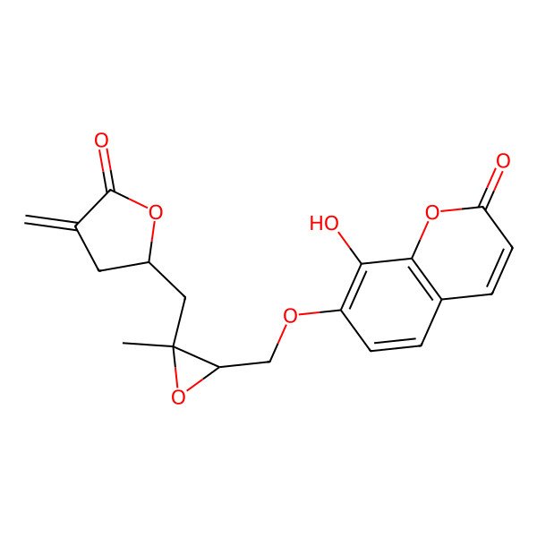 2D Structure of 8-hydroxy-7-[[(2S,3S)-3-methyl-3-[[(2S)-4-methylidene-5-oxooxolan-2-yl]methyl]oxiran-2-yl]methoxy]chromen-2-one