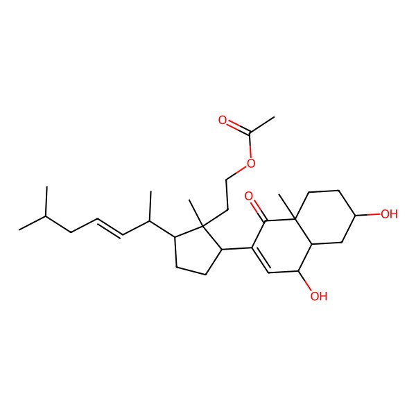 2D Structure of 2-[(1R,2R,5R)-2-[(4S,4aS,6S,8aS)-4,6-dihydroxy-8a-methyl-1-oxo-4,4a,5,6,7,8-hexahydronaphthalen-2-yl]-1-methyl-5-[(E,2R)-6-methylhept-3-en-2-yl]cyclopentyl]ethyl acetate