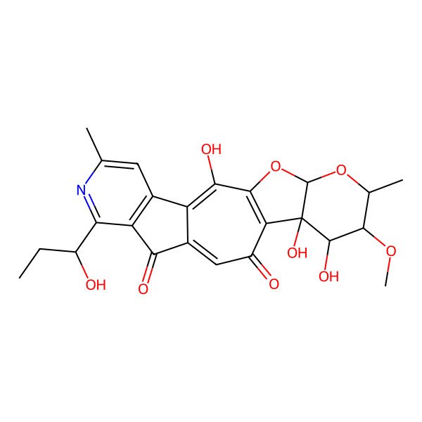 2D Structure of (15R,16R,17S,18R,20S)-2,15,16-trihydroxy-8-[(1R)-1-hydroxypropyl]-17-methoxy-6,18-dimethyl-19,21-dioxa-7-azapentacyclo[12.7.0.03,11.04,9.015,20]henicosa-1(14),2,4(9),5,7,11-hexaene-10,13-dione