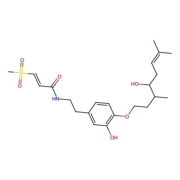 2D Structure of (E)-N-[2-[3-hydroxy-4-[(3R,4R)-4-hydroxy-3,7-dimethyloct-6-enoxy]phenyl]ethyl]-3-methylsulfonylprop-2-enamide